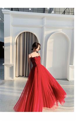 Picture of Wine Red Color Tulle Beaded Straps Beaded Formal Dresses, Dark Red Color Evening Dresses Party Dress